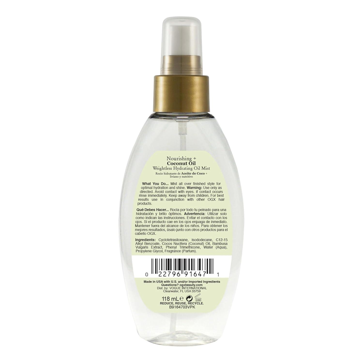 image:imageOGX Nourishing Coconut Oil Weightless Hydrating Oil Hair Mist Lightweight LeaveIn Hair Treatment with Coconut Oil amp Bamboo Extract Paraben amp Sulfate SurfactantFree 4 Fl Oz4 Fl Oz Pack of 1