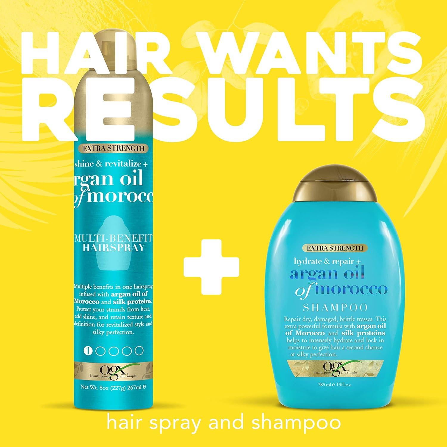 image:imageOGX Revitalize Argan Shine Extra Strength MultiBenefit Heat Protection Hairspray with Argan Oil amp Silk Proteins Tame Frizz amp NonGreasy Shine Morocco 8 Ounce