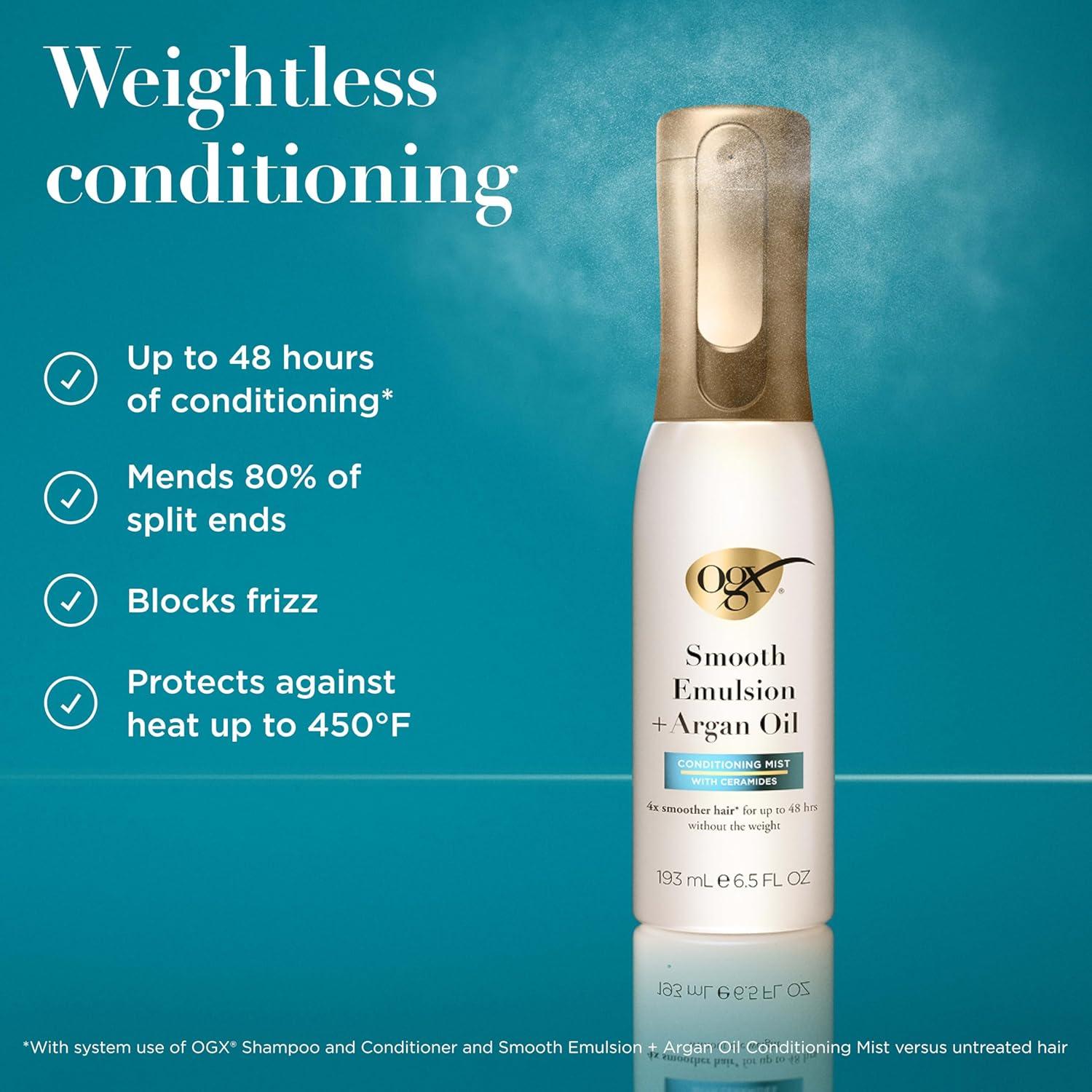 image:imageOGX Smooth Emulsion Argan Oil Conditioning Hair Mist Damage Repair Spray with Ceramides for 4x Smoother Hair for up to 48 Hours Without the Weight 450F Heat Protection 65 fl oz