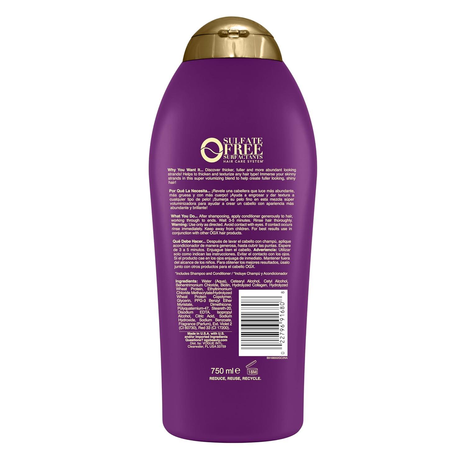 image:imageOGX Thick amp Full Biotin amp Collagen Volumizing Conditioner NutrientInfused Conditioner with Vitamin B7 Biotin Gives Hair Volume amp Body for 72 Hours SulfateFree Surfactants 13 fl Oz254 Fl Oz Pack of 2