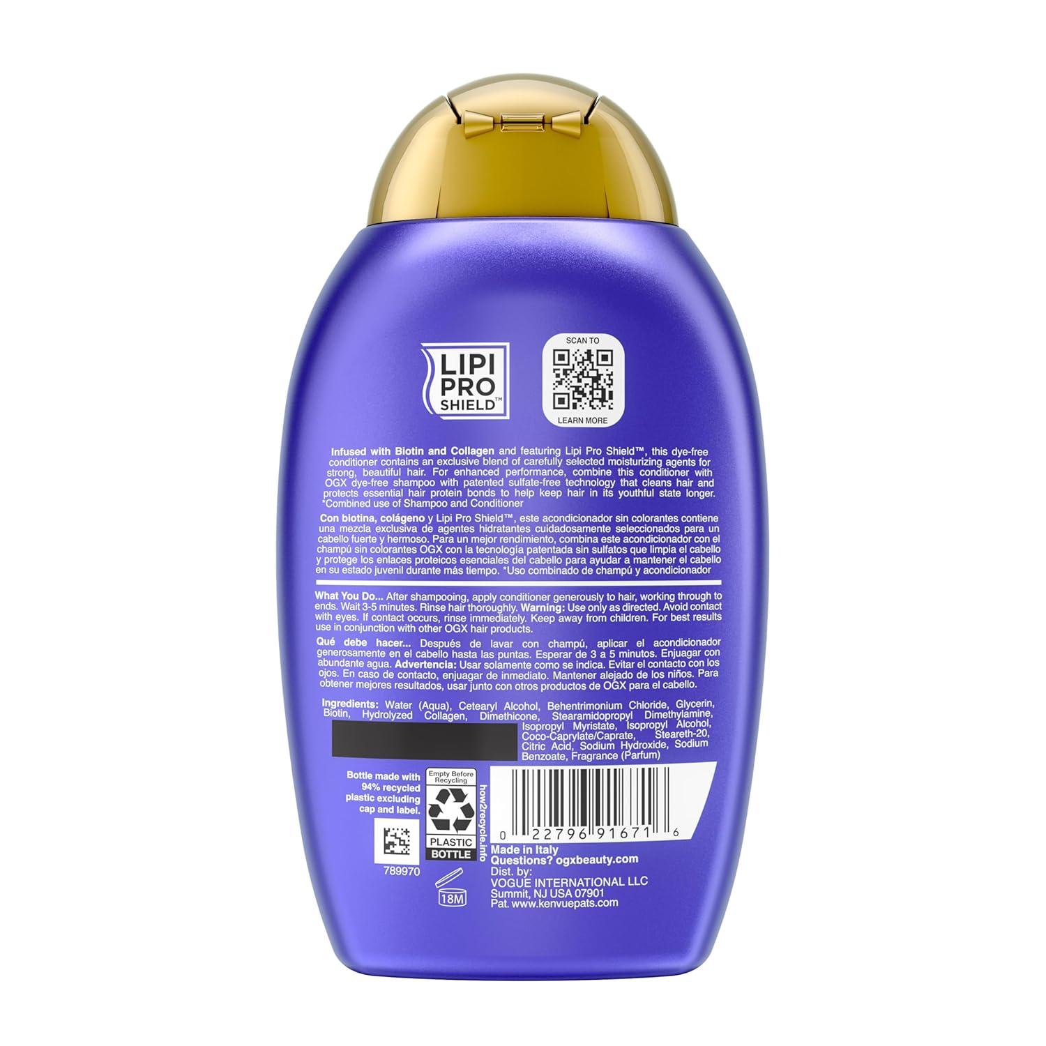 image:imageOGX Thick amp Full Biotin amp Collagen Volumizing Conditioner NutrientInfused Conditioner with Vitamin B7 Biotin Gives Hair Volume amp Body for 72 Hours SulfateFree Surfactants 13 fl Oz13 Fl Oz Pack of 1