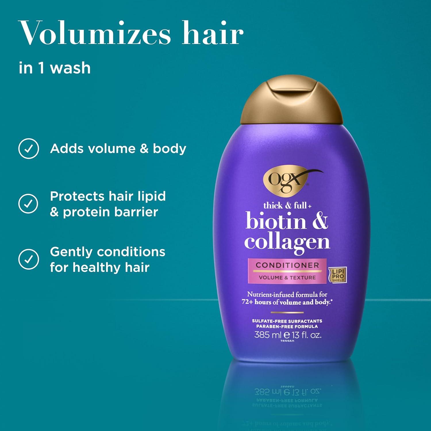 image:imageOGX Thick amp Full Biotin amp Collagen Volumizing Conditioner NutrientInfused Conditioner with Vitamin B7 Biotin Gives Hair Volume amp Body for 72 Hours SulfateFree Surfactants 13 fl Oz13 Fl Oz Pack of 1