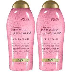 OGX Sensitive + Rose Water & Pink Sea Salt Exfoliating Body Scrub + Rose Quartz, Gentle Exfoliating Daily Body Wash Softens Skin, Body Scrub for Women, Sulfate-Free Surfactants, 19.5 fl oz(19.5 Fl Oz (Pack of 2))