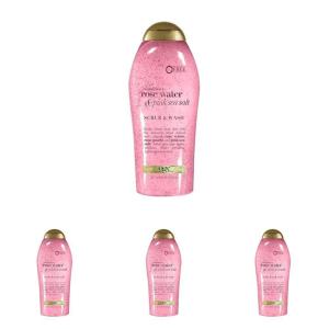 OGX Sensitive + Rose Water & Pink Sea Salt Exfoliating Body Scrub + Rose Quartz, Gentle Exfoliating Daily Body Wash Softens Skin, Body Scrub for Women, Sulfate-Free Surfactants, 19.5 fl oz(19.5 Fl Oz (Pack of 4))