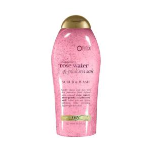 OGX Sensitive + Rose Water & Pink Sea Salt Exfoliating Body Scrub + Rose Quartz, Gentle Exfoliating Daily Body Wash Softens Skin, Body Scrub for Women, Sulfate-Free Surfactants, 19.5 fl oz(19.5 Fl Oz (Pack of 1))
