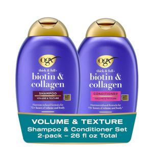 OGX Thick & Full + Biotin and Collagen for Hair Volume & Body, Sulfate Free Volumizing Shampoo & Conditioner Set for Fine & Thinning Hair, Nutrient-Infused, Vitamin B7, 13 fl oz, 2 Pack