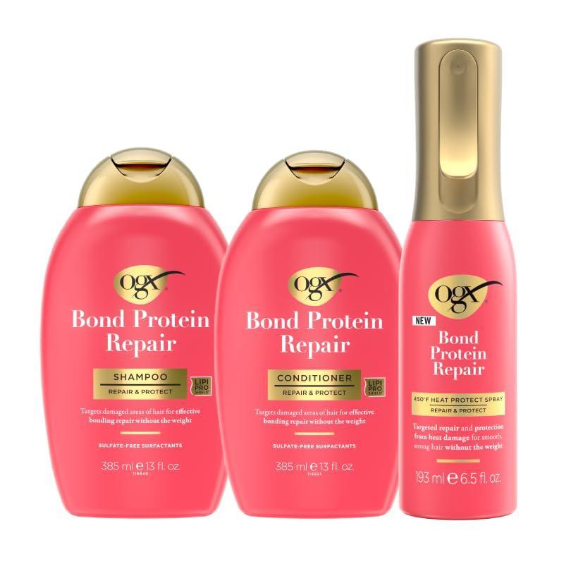 image:imageOGX Bond Protein Repair Bundle Shampoo Conditioner amp 450F Heat Protect Spray Parabenfree Repair for Dry Damaged Hair 3 Pieces 13 fl oz 13 fl oz 5 fl oz