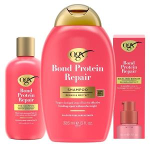 OGX Bond Protein Repair Bundle: Pre-Shampoo, Shampoo, & Hair Serum, Lightweight, Targeted Repair for Softer, Smoother Hair, 3 Pieces (8.4 fl oz, 13 fl oz, 1.7 fl oz)