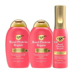 OGX Bond Protein Repair Bundle: Shampoo, Conditioner, & 450°F Heat Protect Spray, Paraben-free Repair for Dry, Damaged Hair, 3 Pieces (13 fl oz, 13 fl oz, 5 fl oz)