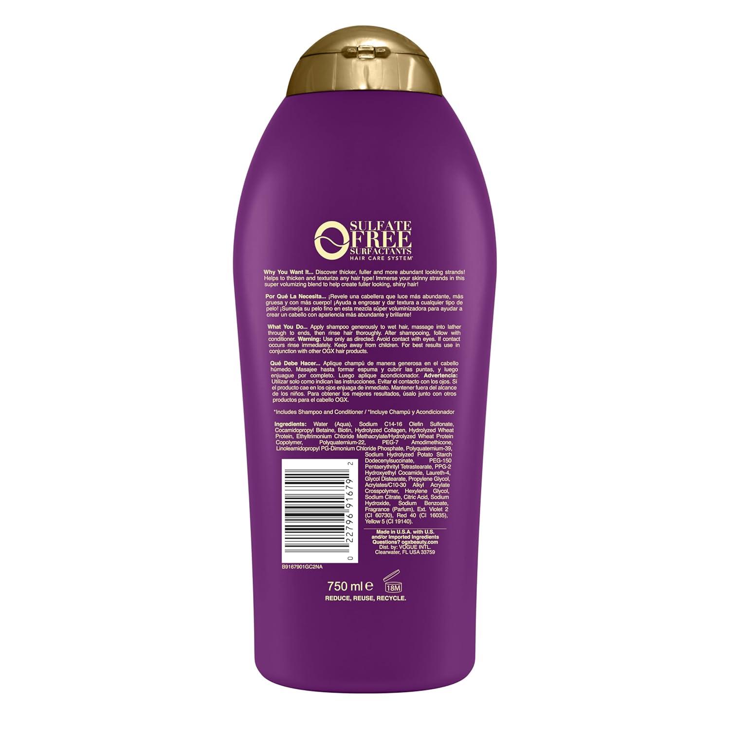 image:imageOGX Thick amp Full Biotin amp Collagen Volumizing Shampoo NutrientInfused Hair Shampoo with Vitamin B7 Biotin Gives Hair Volume amp Body for 72 Hours SulfateFree Surfactants 254 fl oz254 Fl Oz Pack of 2