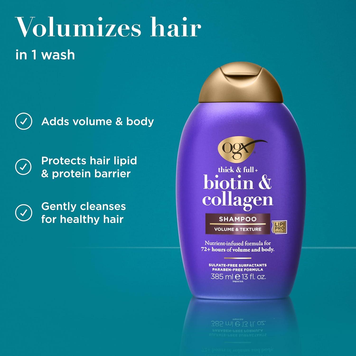 image:imageOGX Thick amp Full Biotin amp Collagen Volumizing Shampoo NutrientInfused Hair Shampoo with Vitamin B7 Biotin Gives Hair Volume amp Body for 72 Hours SulfateFree Surfactants 13 fl oz13 Fl Oz Pack of 1