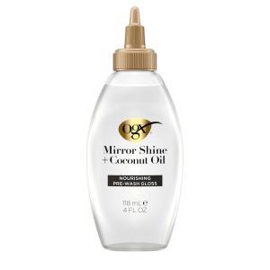 OGX Mirror Shine + Coconut Oil Pre-Wash Hair Gloss, Nourishing Rinse Out Hair Treatment for 48 Hours of Glossy Shine & Damage Repair, Lightweight Oil Mends Split Ends, 4 fl. oz