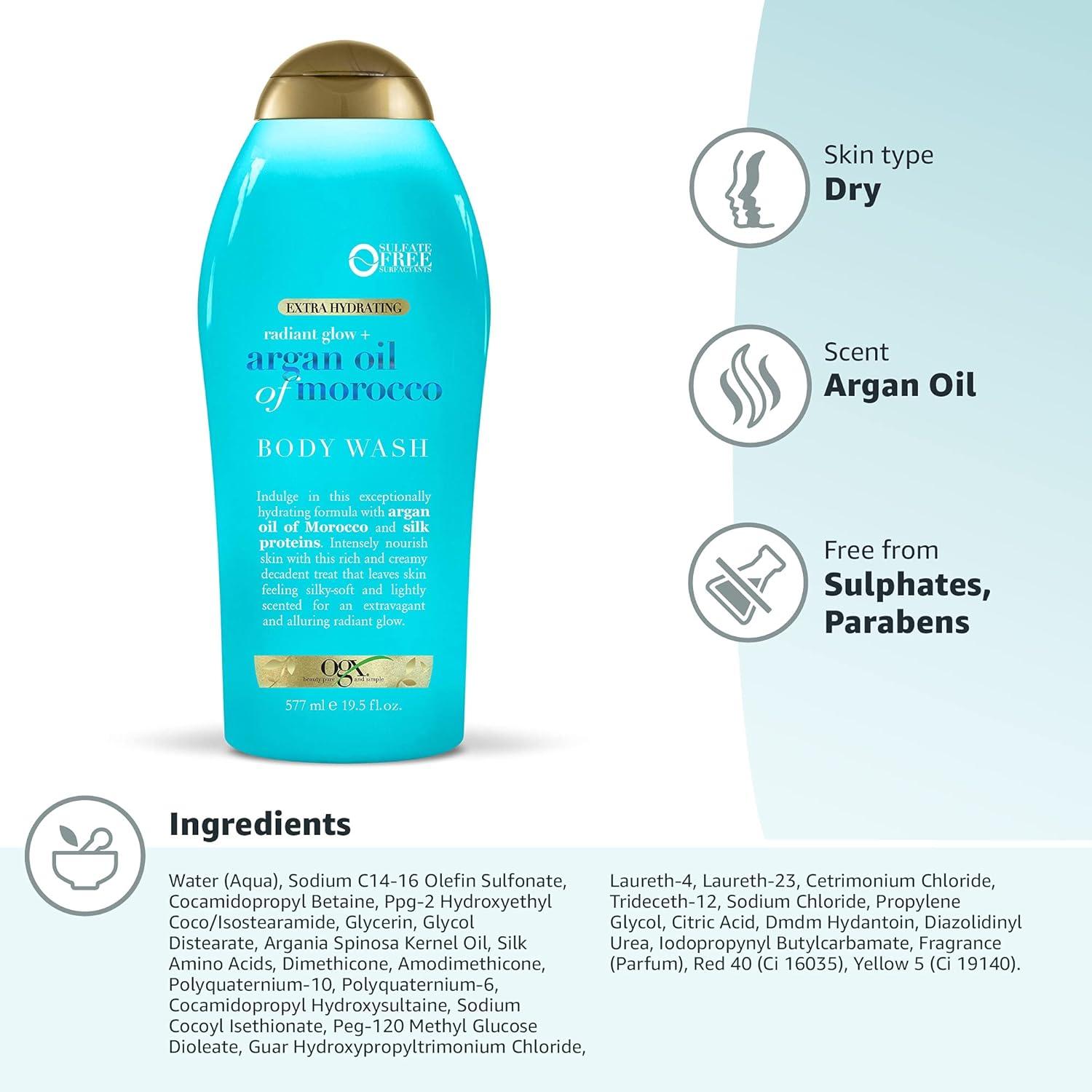 image:imageOGX Radiant Glow Argan Oil of Morocco Extra Hydrating Body Wash for Dry Skin Moisturizing Gel Cleanser for Silky Soft Skin Body Wash for Women SulfateFree Surfactants 195 fl ozCitrus FreshFloral GreenWoody